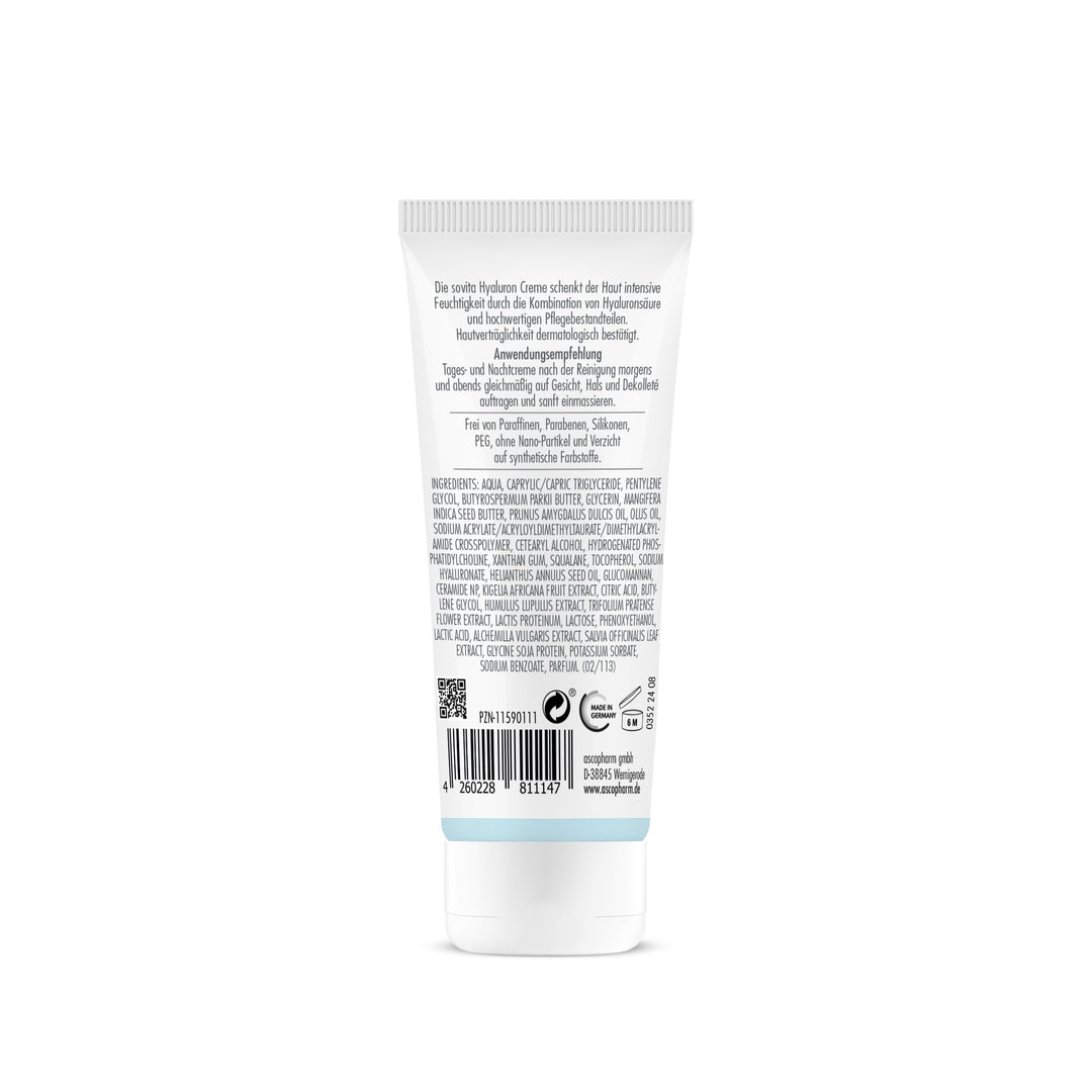 Rückseite der sovita Hyaluron Creme mit Anwendungsempfehlung, Inhaltsstoffen und Pflegehinweisen.