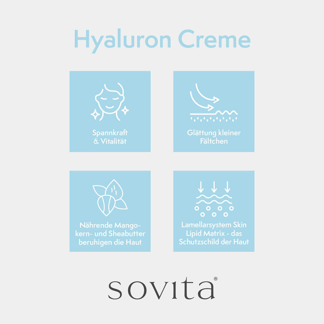 Grafik mit vier Vorteilen der Hyaluron Creme: Spannkraft & Vitalität, Glättung kleiner Fältchen, beruhigende Mango- & Sheabutter, Schutz durch Lipid-Matrix.