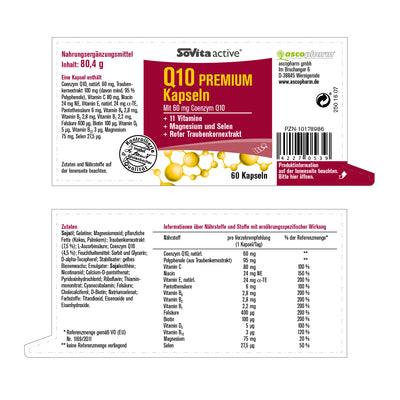 sovita Q10 Premium Kapseln - Verpackungsetikett mit Angaben der Zutaten, Nährstoffe und Stoffe mit ernährungsspezifischer Wirkung