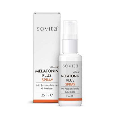sovita Melatonin Plus Spray mit Passionsblume und Melisse, Sprayflasche und Faltschachtel nebeneinander