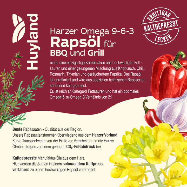 Huyland Harzer Rapsöl für BBQ und Grill (250 ml)