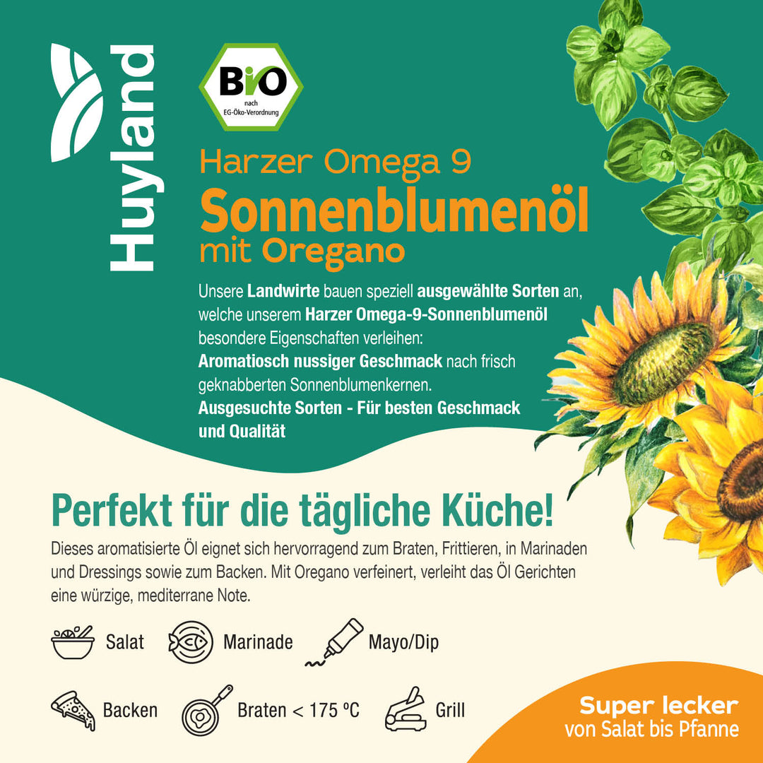 Huyland Harzer Bio Sonnenblumenöl mit Oregano (250 ml)