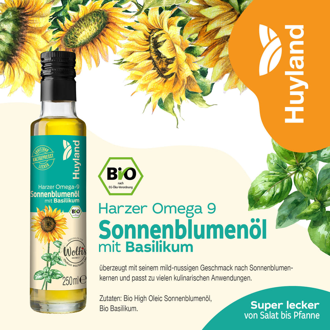 Huyland Harzer Bio Sonnenblumenöl mit Basilikum (250 ml)