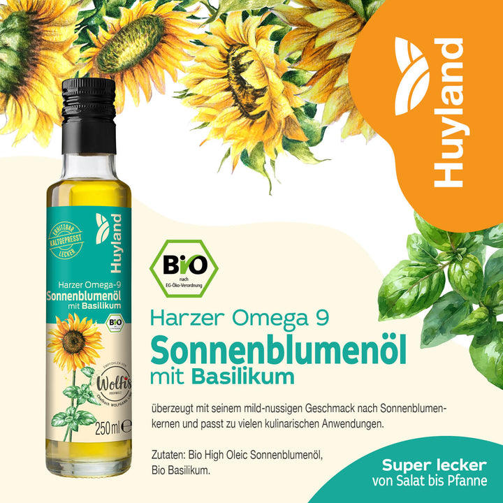 Huyland Harzer Bio Sonnenblumenöl mit Basilikum (250 ml)