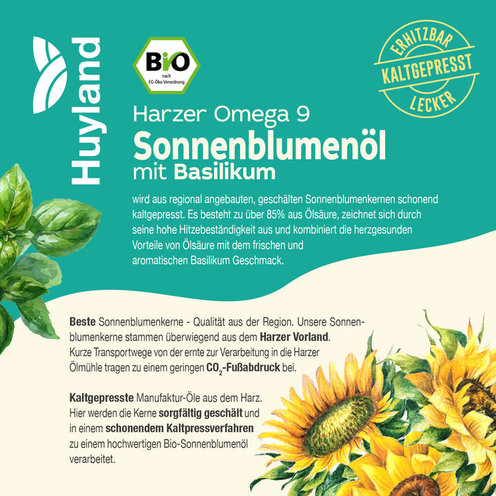 Huyland Harzer Bio Sonnenblumenöl mit Basilikum (250 ml)