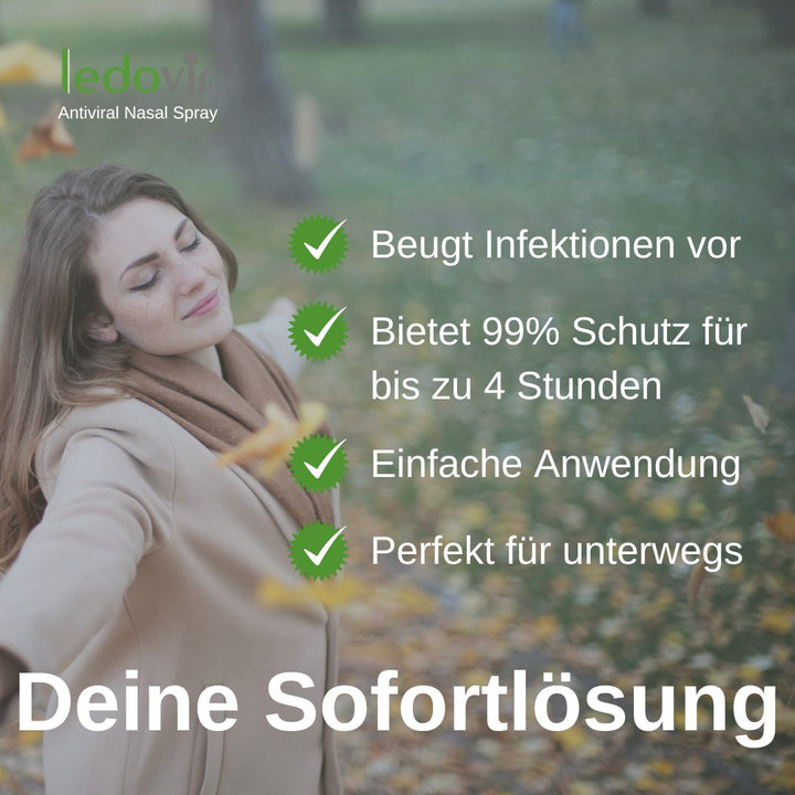 Ledovir Antiviren Nasenspray. Beugt Infektionen vor. Bietet 99% Schutz für bis zu 4 Stunden. Einfache Anwendung. Perfekt für unterwegs.